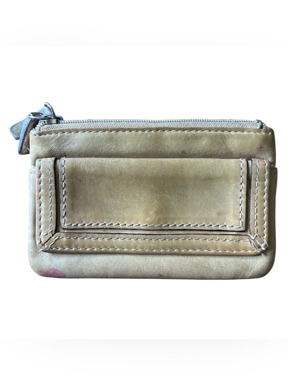 Fossil Leather Card Coin Mini Wallet w Exterior Pocket 2 Zip Compartments Beige